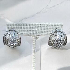 Vintage KJL Kenneth Jay Lane Rhinestone Post Earrings Silver Tone Crown Dome